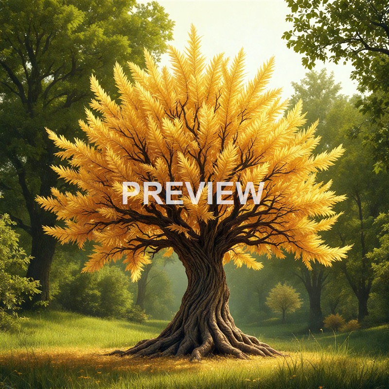 A large tree with a thick, gnarled trunk and bright yellow leaves, set in a lush green forest with a misty background.